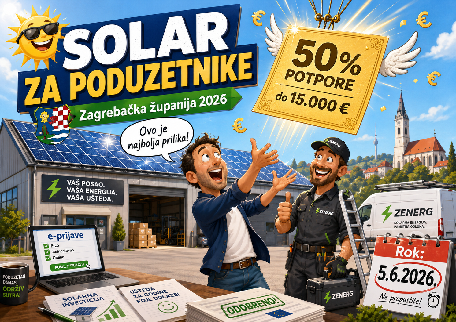 Poticaji za solarnu elektranu — natječaj Zagrebačke županije za poduzetnike 2026