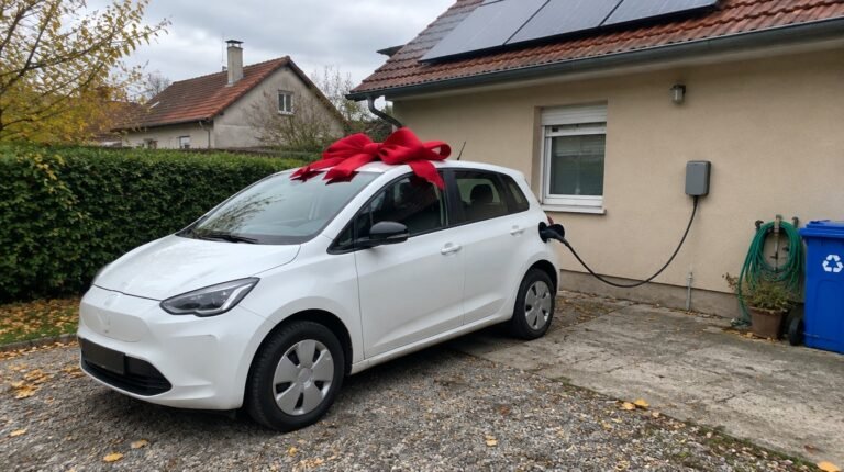 Poticaj za električni auto 2026: električni auto s mašnom na kućnom punjaču ispred kuće sa solarnom elektranom