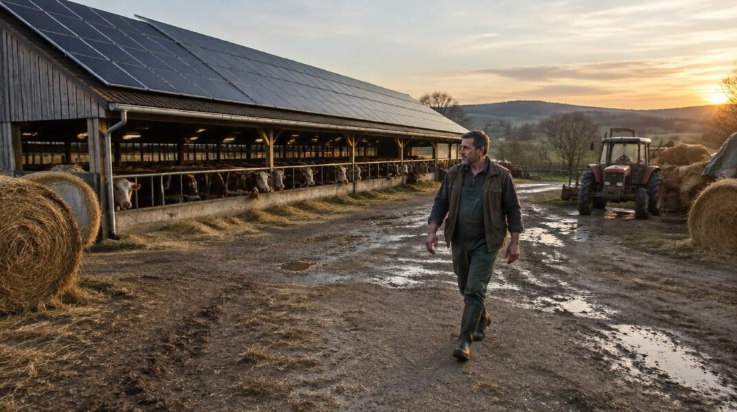 Poticaj za solarne elektrane u poljoprivredi: farmer prolazi dvorištem ispred staje sa solarnim panelima na krovu