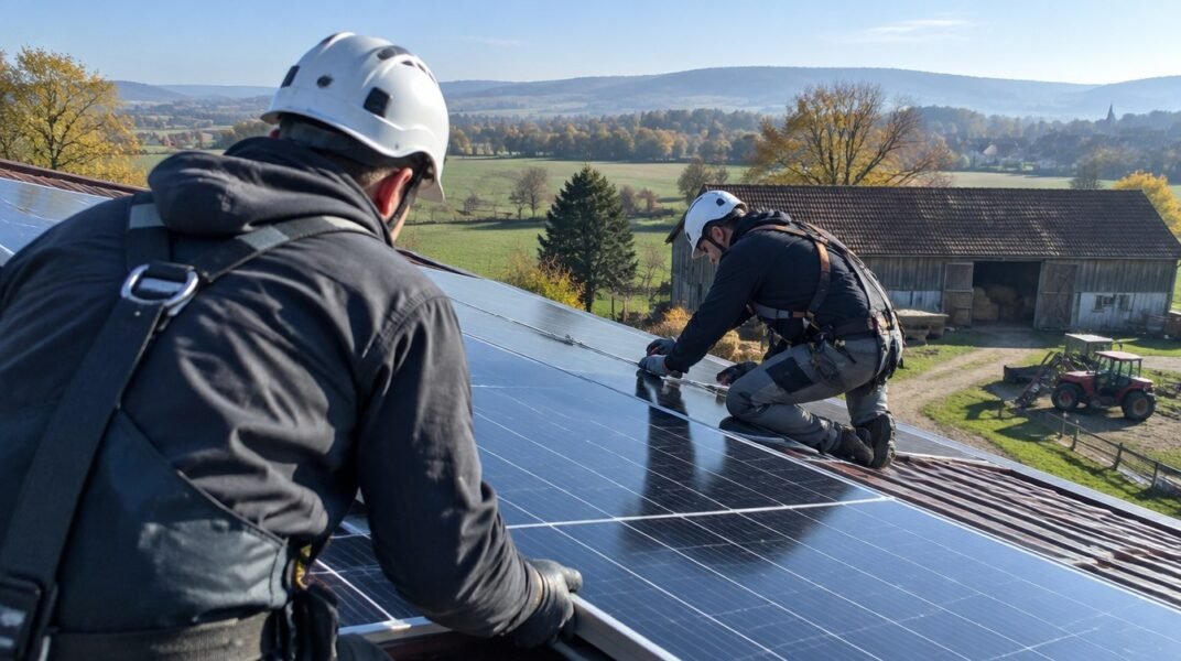 Monteri ugrađuju solarne panele na krov staje na poljoprivrednom gospodarstvu